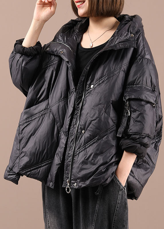 DIY Black Hooded Pockets Winter Duck Down Jackets Long sleeve