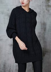 DIY Black Hooded Thick Knit Sweatshirts Dress Winter