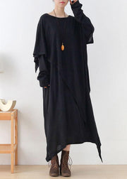 DIY Black Loose Asymmetrical Design Fall Cotton Long Sleeve Dresses - bagstylebliss