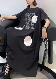DIY Black O Neck Print Maxi Dress Short Sleeve - bagstylebliss