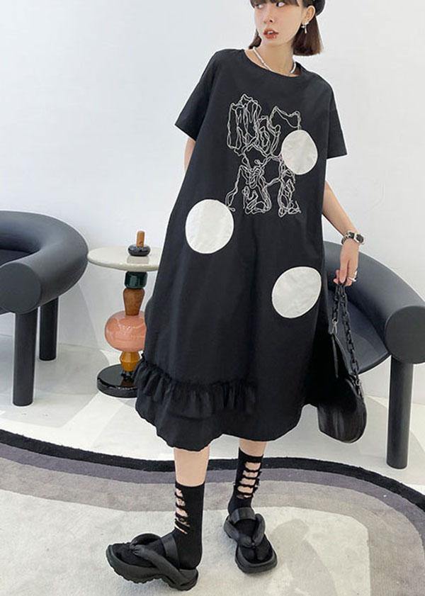 DIY Black O Neck Print Maxi Dress Short Sleeve - bagstylebliss