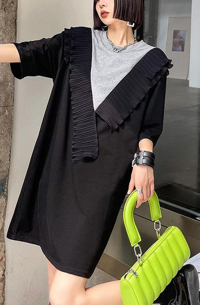 DIY Black Patchwork Grey Cotton Ruffled Summer Dress - bagstylebliss