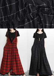 DIY Black Plaid Italian Cotton V Neck Vacation Dresses - bagstylebliss