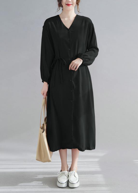 DIY Black Quilting Clothes V Neck Drawstring Robes Spring Dress - bagstylebliss