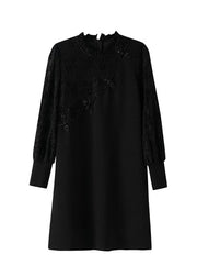 DIY Black Ruffled Lace Patchwork Mid Dresses Long Sleeve