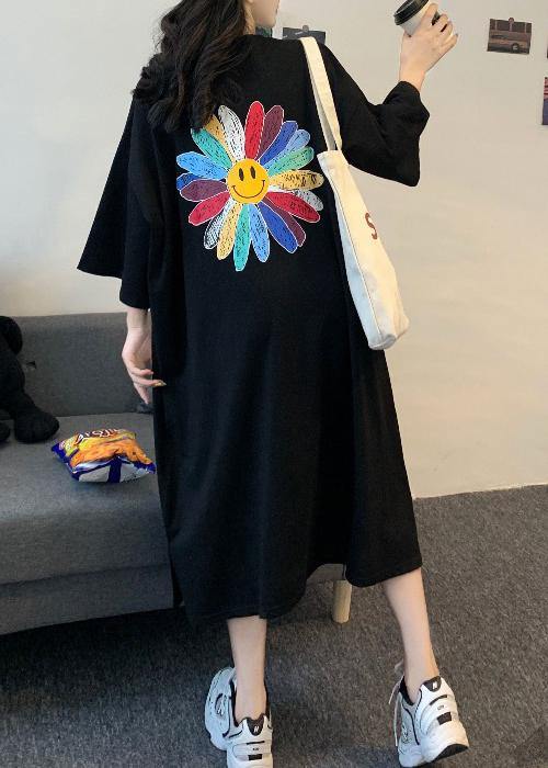 DIY Black Short Sleeve Cotton Sun flower Summer Dresses - bagstylebliss