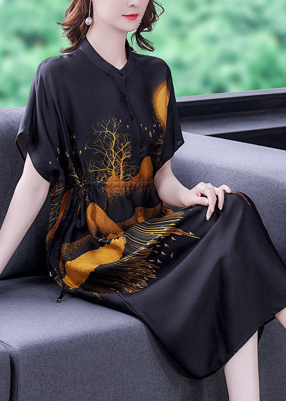 DIY Black Stand Collar Drawstring Print Silk Dresses Summer