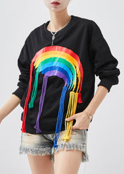 DIY Black Tasseled Rainbow Cotton Sweatshirt Tops Spring