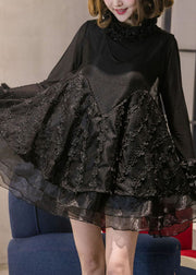 DIY Black Turtle Neck organza Lace Vacation Dress Spring