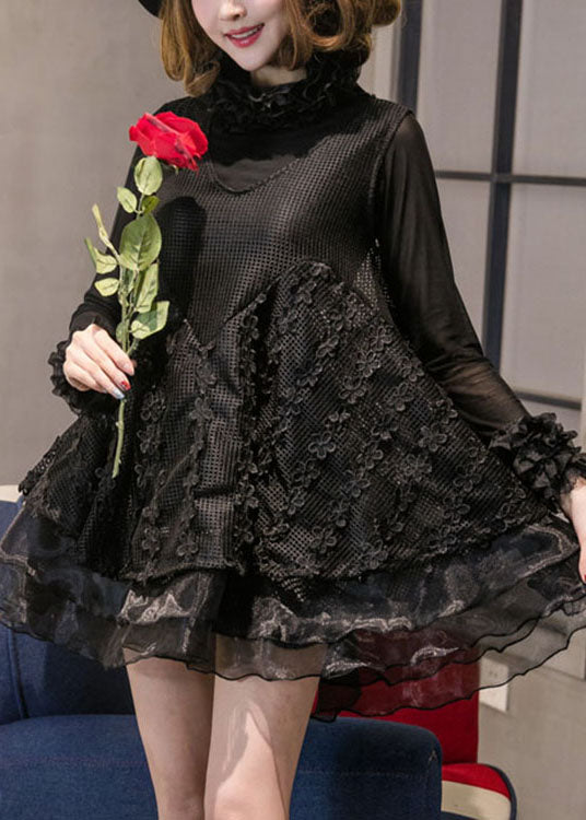 DIY Black Turtle Neck Organza Lace Vacation Dress Spring