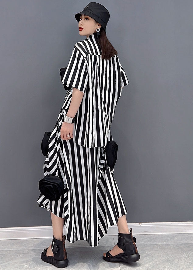 DIY Black White Striped Asymmetrical Floral Cotton Two Pieces Set Summer