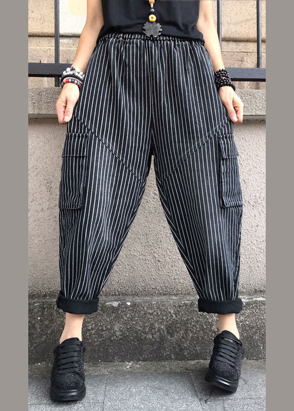 DIY Black high waist Striped denim harem pants Spring