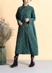 DIY Blackish Green Dotted Tunic Stand Collar Traveling Spring Dress - bagstylebliss