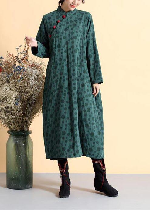 DIY Blackish Green Dotted Tunic Stand Collar Traveling Spring Dress - bagstylebliss