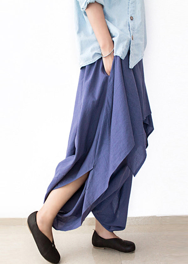 DIY Blue Asymmetrical Design Pockets Linen Pants Skirt Fall