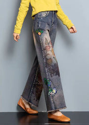 DIY Blue High Waist Bestickte Taschen Print Cotton Denim Straight Pants Herbst