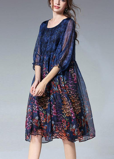 DIY Blue Print Chiffon O-Neck Summer Dress - bagstylebliss