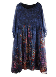 DIY Blue Print Chiffon O-Neck Summer Dress - bagstylebliss