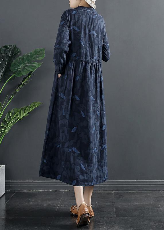 DIY Blue Print Dresses Stand Collar A Line Dress - bagstylebliss