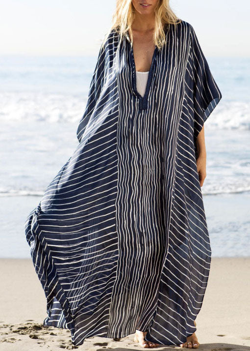 DIY Blue Striped side open Beach Gown Vacation Summer Chiffon Dress