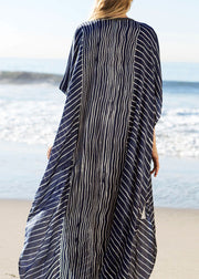 DIY Blue Striped side open Beach Gown Vacation Summer Chiffon Dress