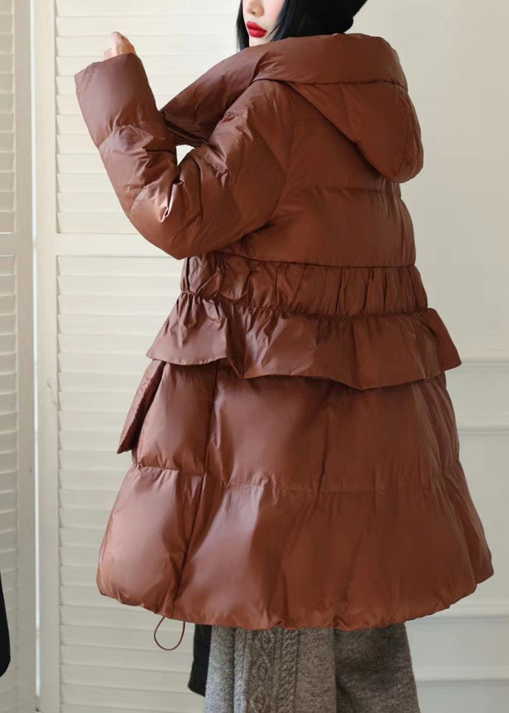 DIY Brown Hooded Patchwork Ruffled Duck Down Puffer Coat Winter