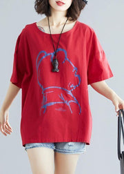 DIY Cartoon print cotton linen tops women Outfits red o neck blouses summer - bagstylebliss