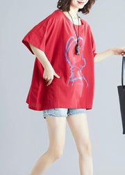 DIY Cartoon print cotton linen tops women Outfits red o neck blouses summer - bagstylebliss