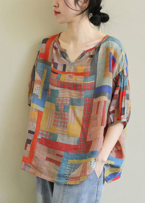 DIY Colorblock V-Ausschnitt Geometrischer Druck Leinen Lose Oberteile Kurzarm