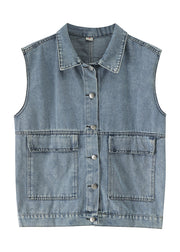 DIY Denim Blue Peter Pan Collar Pockets Patchwork Waistcoat Sleeveless