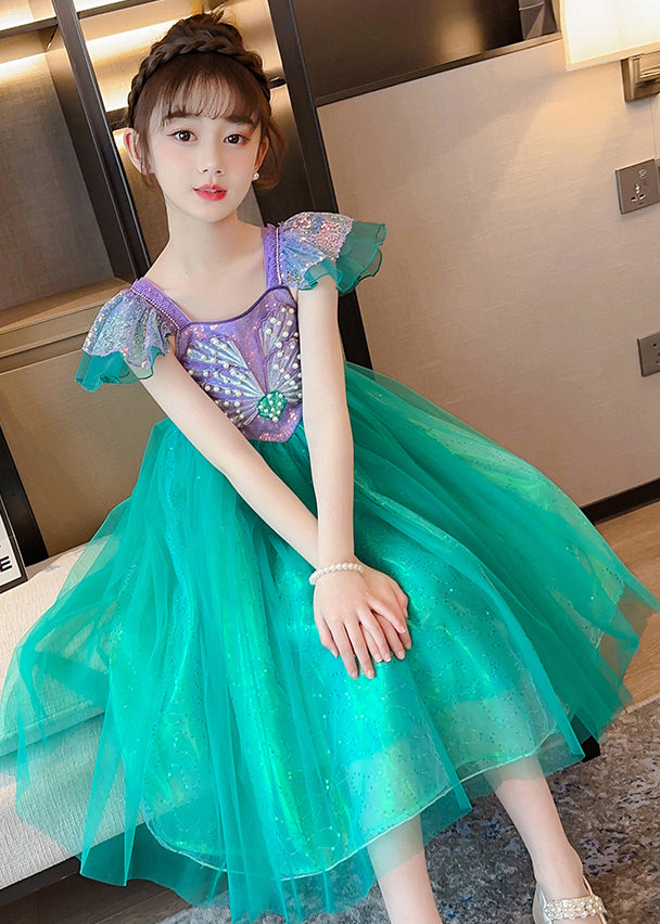 DIY Fluorescent Green Sequins Patchwork Tulle Baby Girls Party Dress Summer