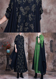 DIY Green Button Patchwork asymmetrisches Design Herbstkleid