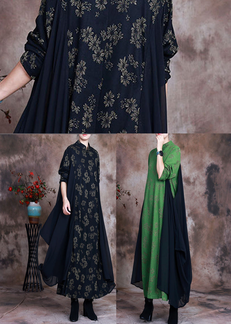 DIY Green Button Patchwork asymmetrical design Fall Dress