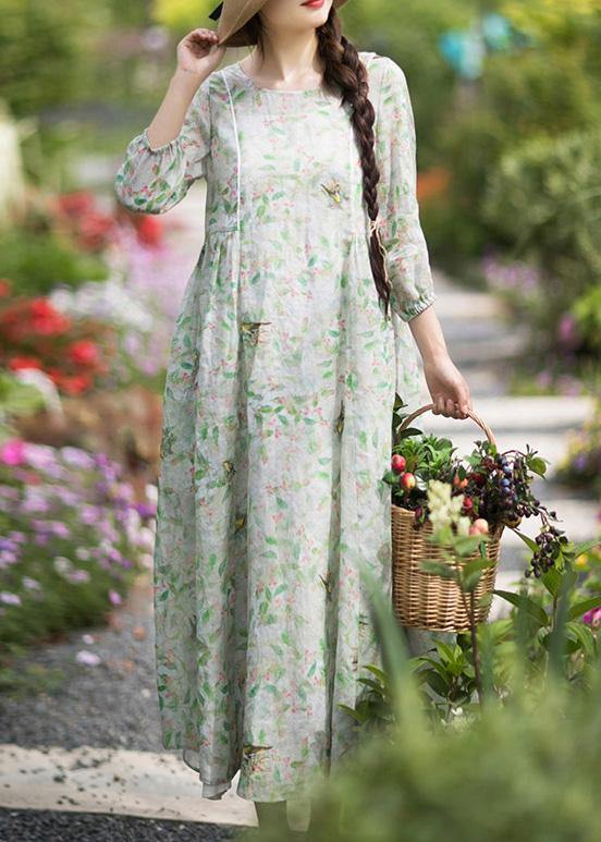 DIY Green Leaves Quilting Dresses O Neck Lantern Sleeve Robes Summer Dresses - bagstylebliss