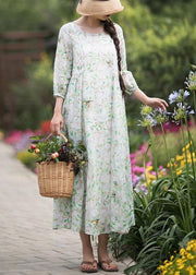 DIY Green Leaves Quilting Dresses O Neck Lantern Sleeve Robes Summer Dresses - bagstylebliss