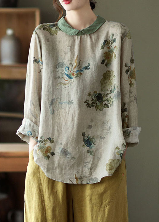 DIY Green Peter Pan Collar Print Fall Shirt Long sleeve