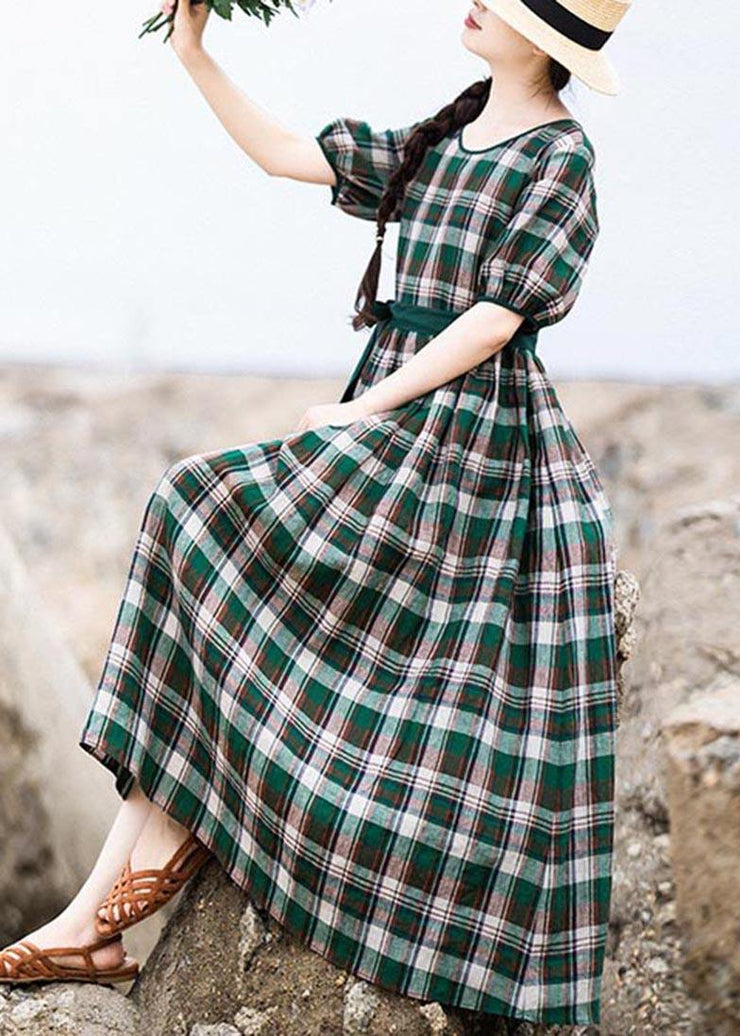 DIY Green Plaid Cinched Pockets Robe Summer Linen Dress - bagstylebliss