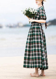DIY Green Plaid Cinched Pockets Robe Summer Linen Dress - bagstylebliss