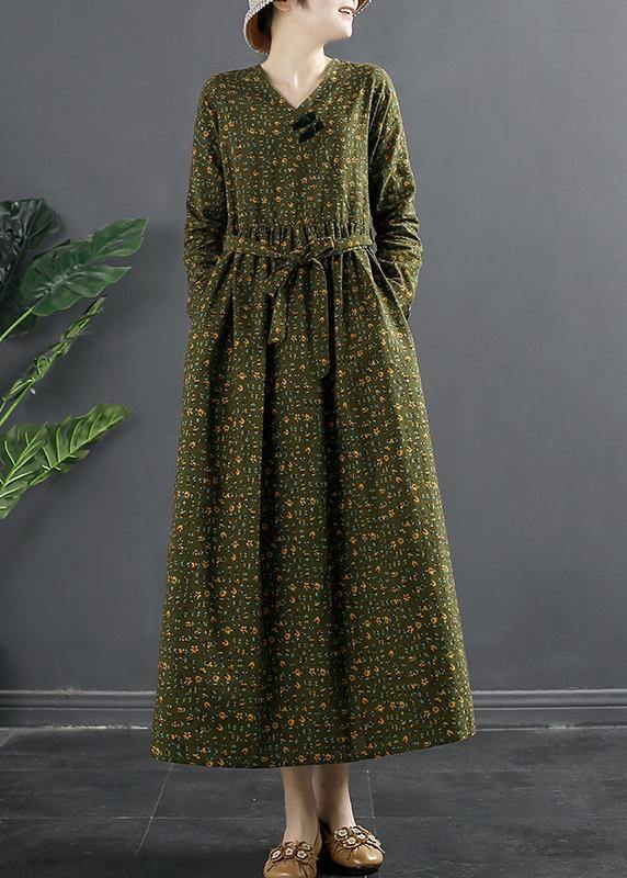DIY Green Print Quilting Clothes V Neck Maxi Dresses - bagstylebliss