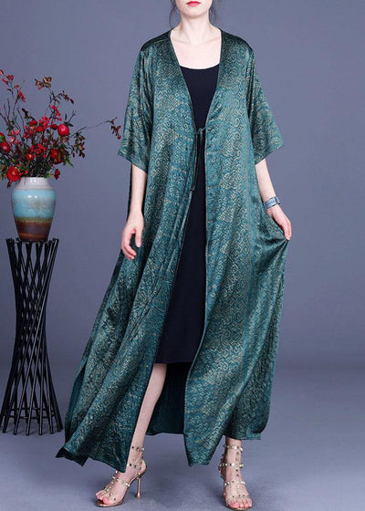 DIY Green Print side open silk Loose Long Cardigans - bagstylebliss