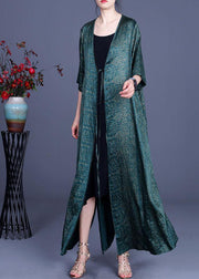 DIY Green Print side open silk Loose Long Cardigans - bagstylebliss