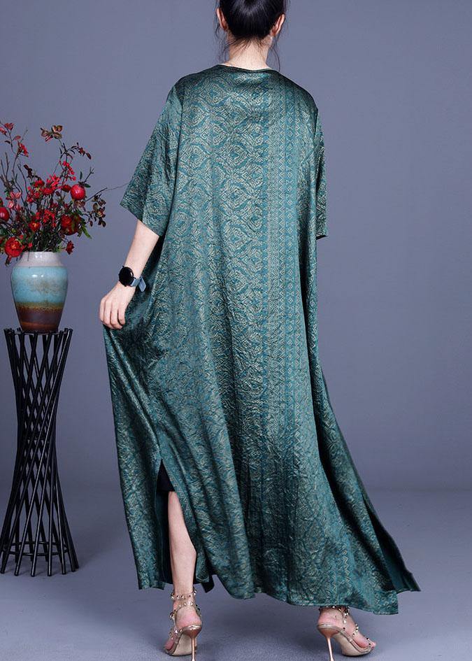 DIY Green Print side open silk Loose Long Cardigans - bagstylebliss