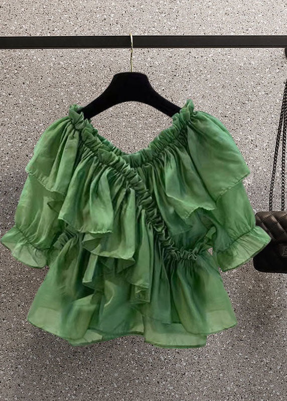 DIY Green Ruffled Patchwork Chiffon Blouses Summer