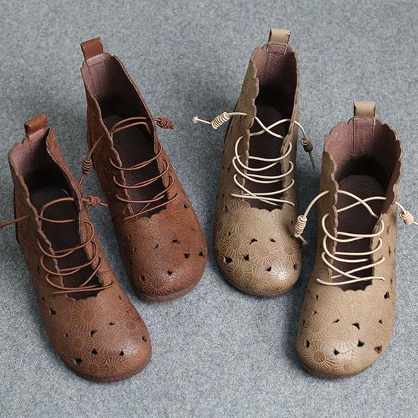 DIY Grey Embossed Hollow Out Boots Lace Up Boots - bagstylebliss