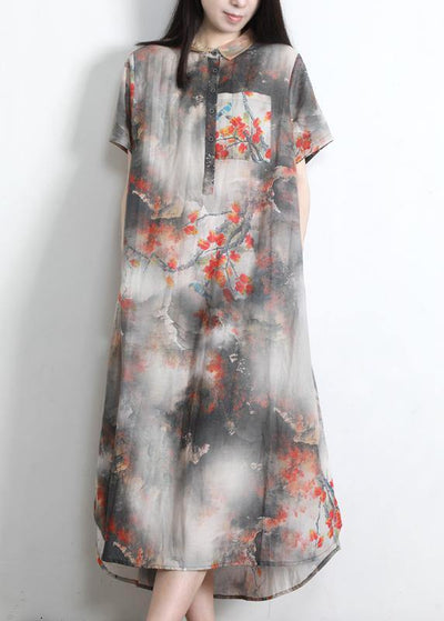 DIY Grey Print Silk Pockets Summer Vacation Dresses - bagstylebliss