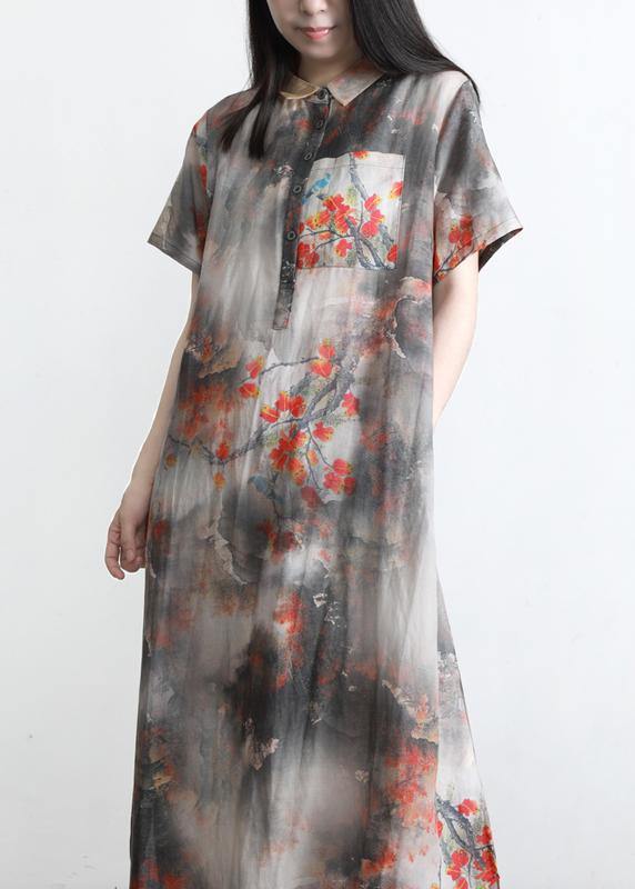 DIY Grey Print Silk Pockets Summer Vacation Dresses - bagstylebliss