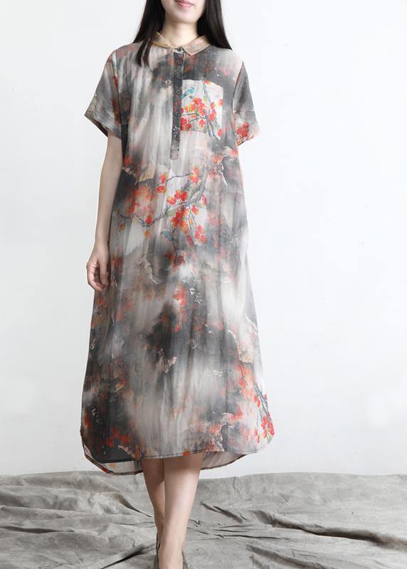 DIY Grey Print Silk Pockets Summer Vacation Dresses - bagstylebliss