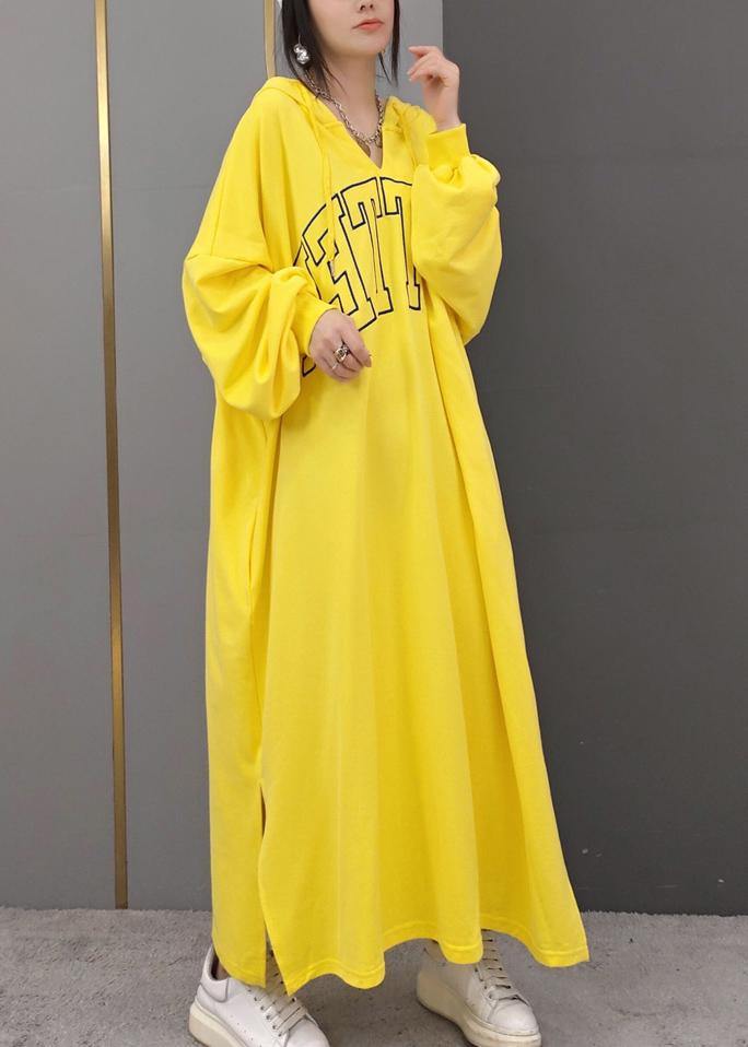 DIY Hooded Side Open Spring Quilting Clothes Yellow Letter Long Dresses - bagstylebliss