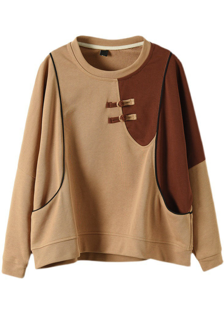 DIY Khaki O-Neck Patchwork Cotton Sweatshirts Top Spring