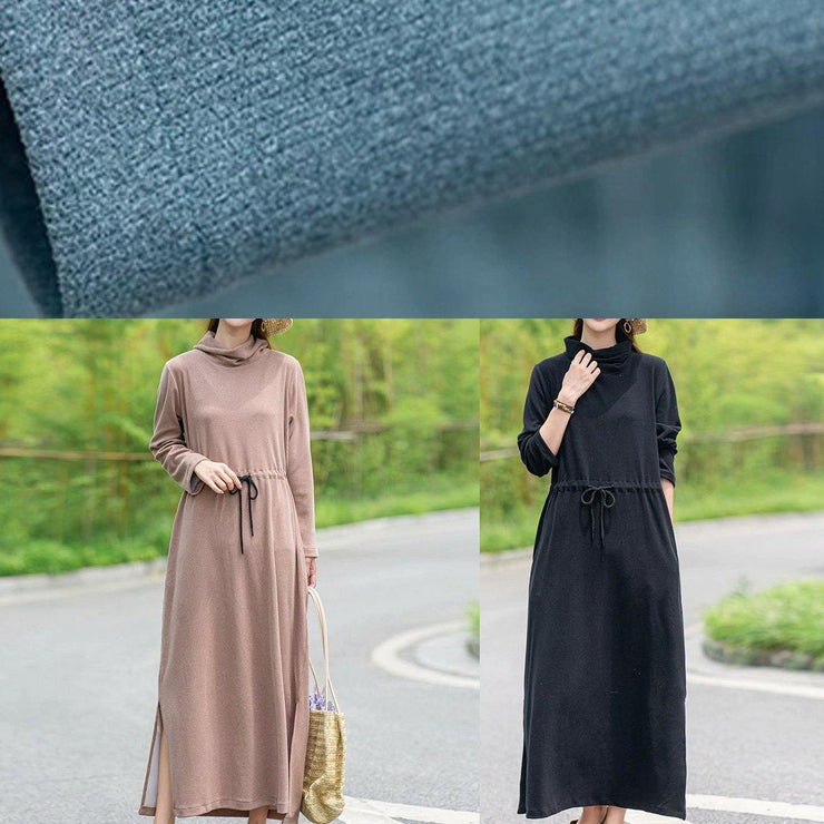 DIY Khaki Tunic Pattern High Neck Drawstring Spring Dresses - bagstylebliss